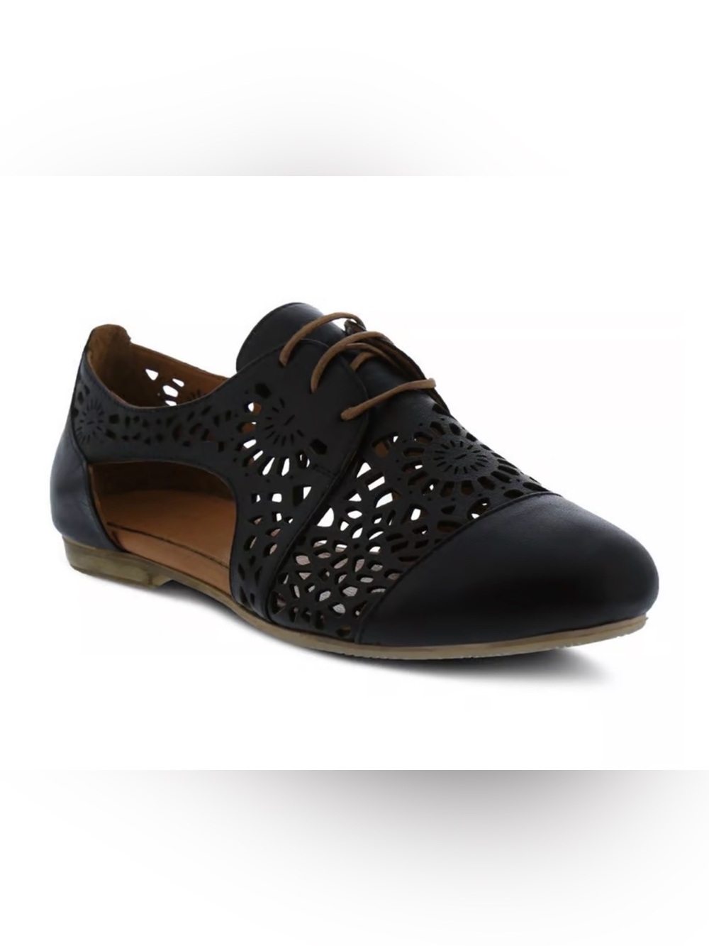 Spring Step Black Laser-Cut Lace-Up Loafers